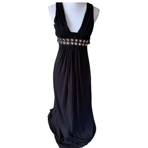 Y2K Black Studded Maxi Dress Deep V Neck Small Goth Dark Chic Formal Dark Glam